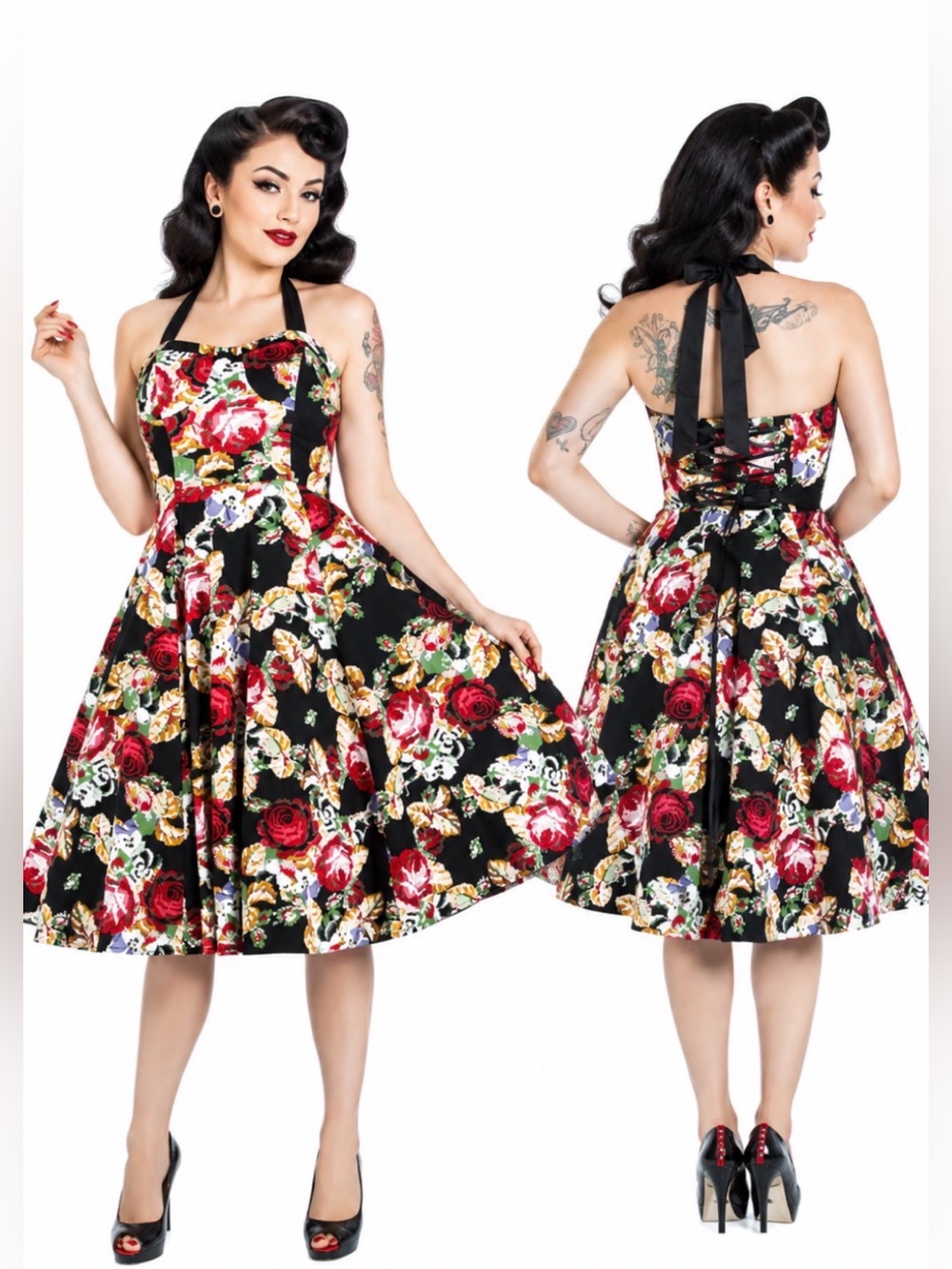 Hearts & Roses Black & Red Floral Roses Halter Fit-& Flare Retro 50’s Dress Sz 6